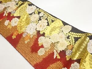 扇に牡丹・菊・花菱亀甲模様織出し袋帯